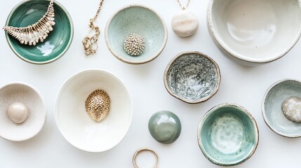 A top-view image of handmade ceramic jewelry dishes on a white background.--ar 16:9