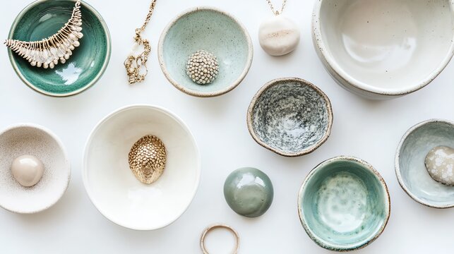 A top-view image of handmade ceramic jewelry dishes on a white background.--ar 16:9