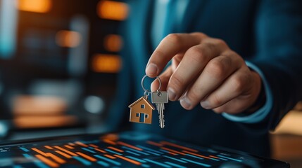 Keys to a new home being handed over in a modern office setting during the day