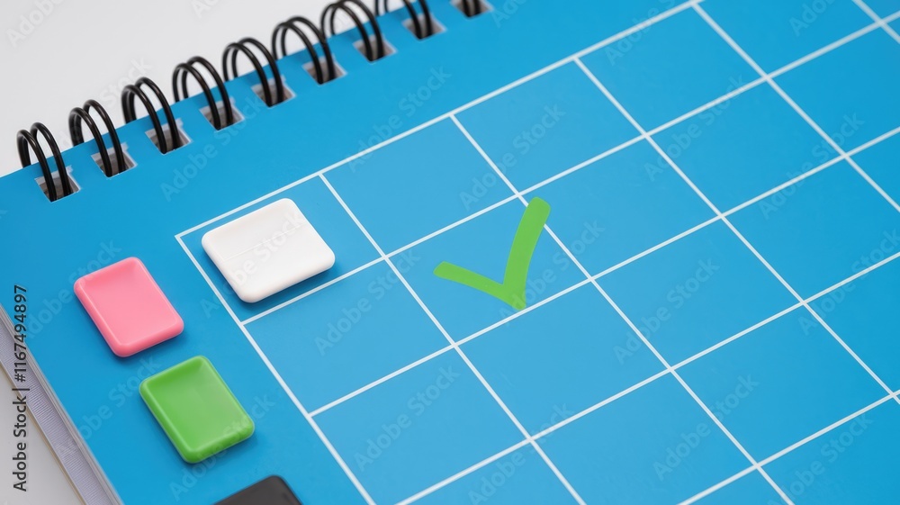 Leinwandbilder A blue calendar page with a green checkmark and colorful markers indicates task completion and planning.