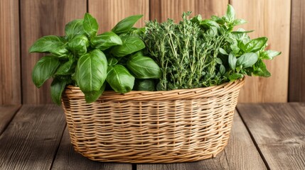 Naklejka premium Fresh Herbs in a Basket on a Wooden Table