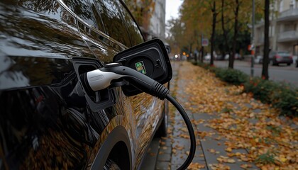 Electric car charging on a city street in autumn