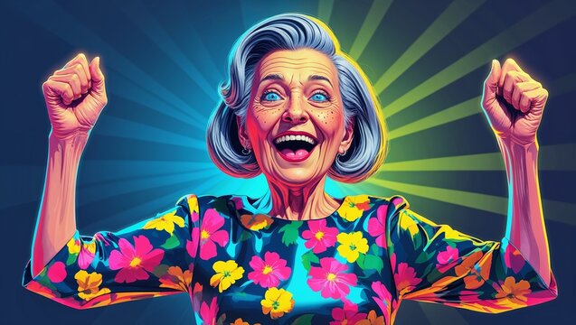 Radiant Elderly Woman in Joyful Triumph, Winner Pose
