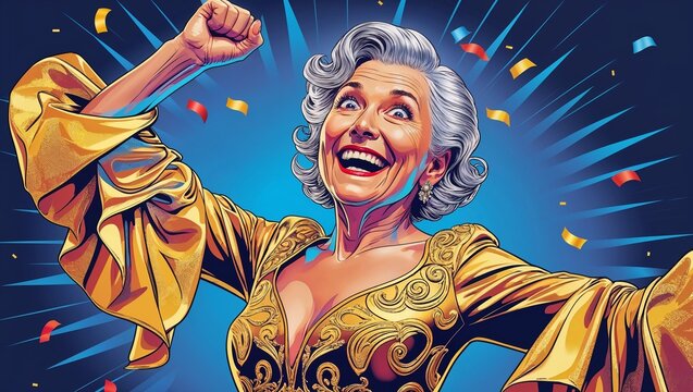 Radiant Elderly Woman in Joyful Triumph, Winner Pose