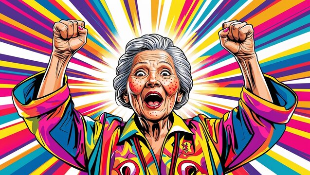 Radiant Elderly Woman in Joyful Triumph, Winner Pose