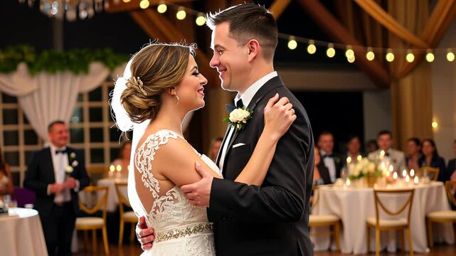 First Dance Romance: A tender moment captured as a newly married couple shares their first dance, bathed in the soft glow of string lights.  Their eyes meet, radiating love and joy.
