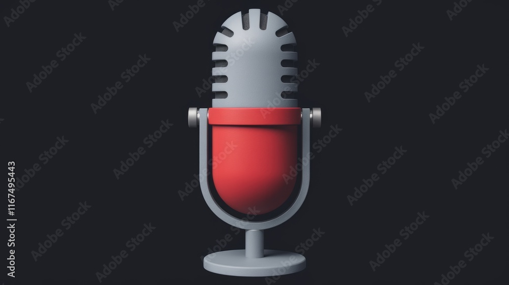Aufkleber A stylized 3D rendering of a retro microphone with a red capsule on a gray stand against a transparent background.