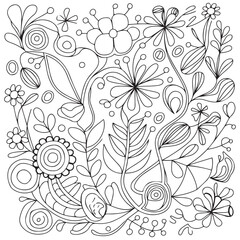 Black and white floral set. Doodle flower drawing. Art therapy coloring page. Relaxing for all ages. For adult and kids