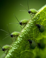 Close up shot of swarms of aphids crawling and congregating on the stems and leaves of a lush verdant plant