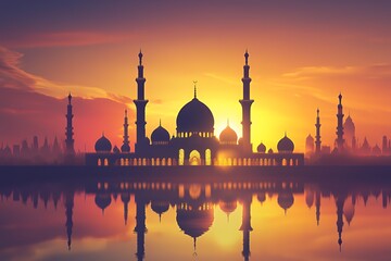 Fototapeta premium Majestic Mosque Silhouette at Sunset Over Cityscape