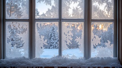 Frosty window reveals a serene winter landscape outside.