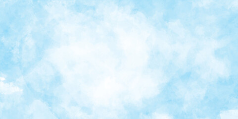 Textured on wet white paper watercolor, Light sky blue brush painted watercolor background. blue sky with clouds in summer.
