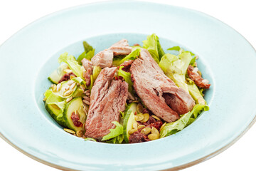 Fresh healthy salad with baked meat, white background