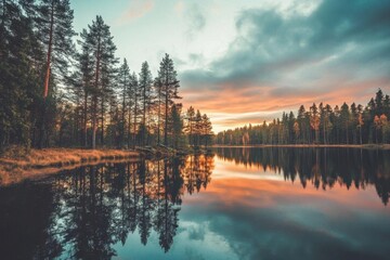 Obraz premium Serene lake at sunset with trees reflecting on calm water.