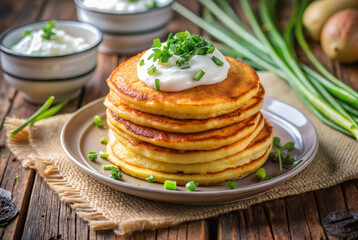Pancake stack with sour cream and green onions