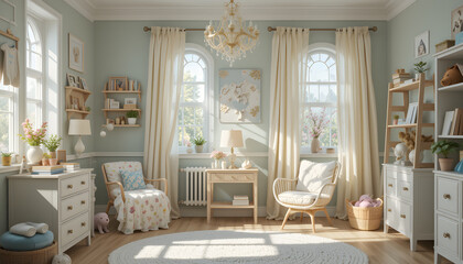 stock photo features a bright and airy children's room adorned with baby bodysuits, a lamp, and a table.
