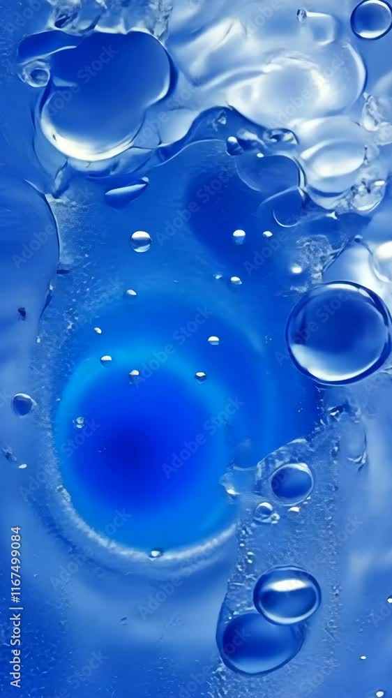 Poster colors and textures blend in blue liquid with bubbles creating an abstract design