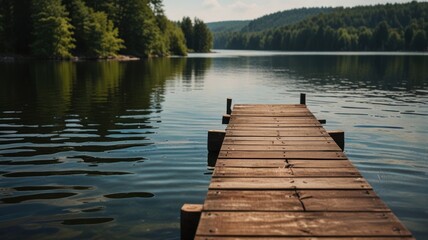 Fototapeta premium Serene lake with wooden dock, trees, and calm water.