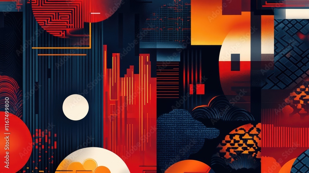 Poster abstract fusion design featuring overlapping traditional chinese patterns and futuristic elements in