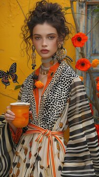  Avant-garde fashion, A model holding a yellow mug, in a gown with zebra butterfly and cheetah patterns. Bold black, white, and orange stripes, butterfly wings, floral yellow background. 