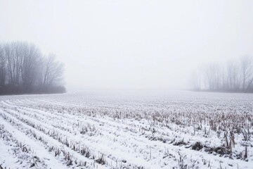 A serene, snow-covered field shrouded in fog.