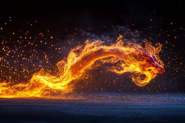 Fiery Dragon Soaring Through Dark Night Sky