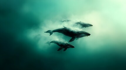 Obraz premium Majestic pod of whales gliding effortlessly through the vast azure ocean their movements guided by pheromone driven communication captured in the impressionist painting style with soft
