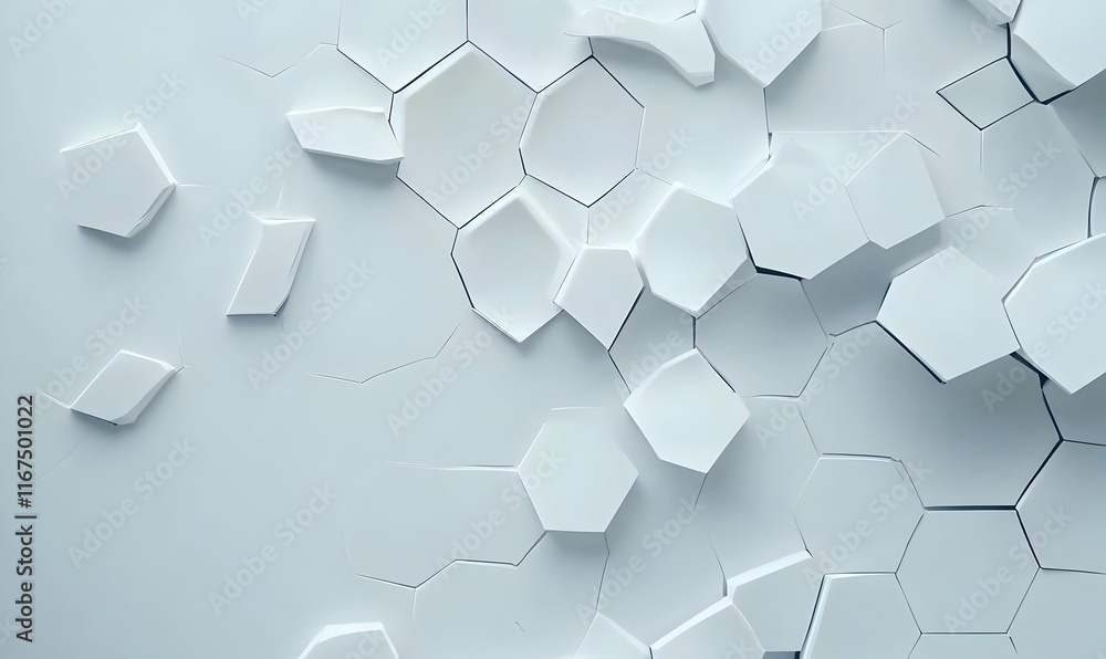 Poster white background with hexagonal patterns, a white and gray color scheme