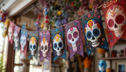 Mexican paper cut with skulls holiday flags. Papel picado. Festive garlands made of multicolored paper, flags in the form of skulls. Mexican day of the dead. Cinco de mayo, dia de los muertos