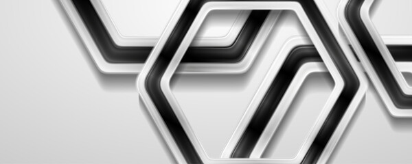 Black and white glossy hexagons abstract geometric background. Vector hi-tech banner design