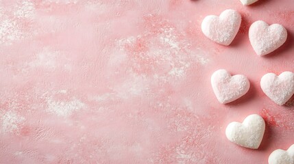 Fototapeta premium Pink background with sugared heart shaped marshmallows