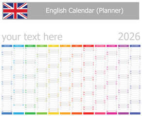 2026 English Planner Calendar with Vertical Months on white background