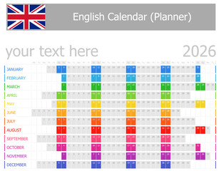 2026 English Planner Calendar with Horizontal Months on white background