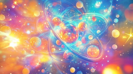 Abstract cosmic artwork featuring colorful planets, swirling orbits, and radiant stars, ideal for science illustrations, futuristic themes, and creative projects