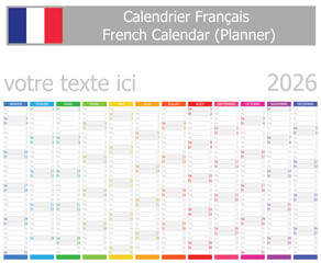 2026 French Planner Calendar with Vertical Months on white background
