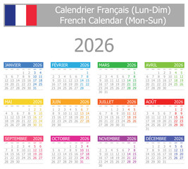 2026 French Type-1 Calendar Mon-Sun on white background