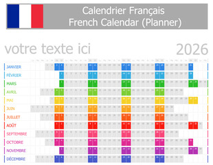 2026 French Planner Calendar with Horizontal Months on white background
