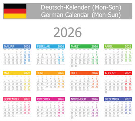 2026 German Type-1 Calendar Mon-Sun on white background