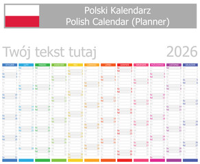 2026 Polish Planner Calendar with Vertical Months on white background