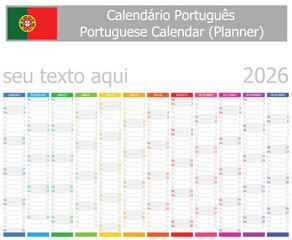 2026 Portuguese Planner Calendar Vertical Months on white background