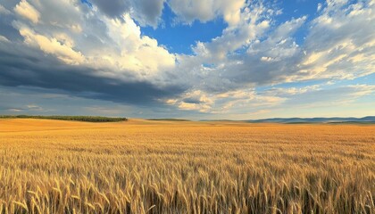Obraz premium Expansive golden field under a dramatic sky with clouds.