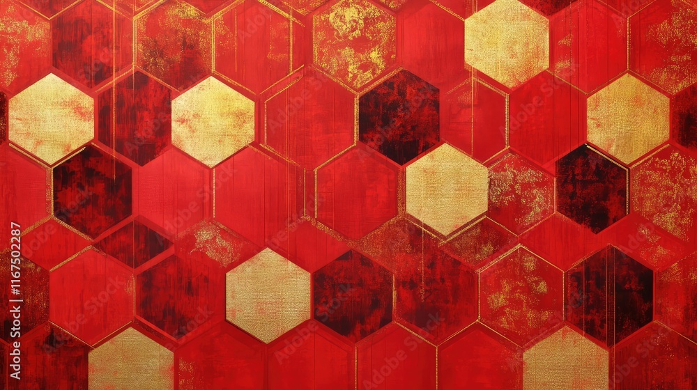 Poster abstract geometric chinese new year art, featuring repeating red and gold hexagonal patterns symboli
