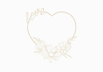 Line art style illustration of a heart and inscription love at the top and daisy decoration. Elegant and romantic design. Ideal for Valentine's Day cards, wedding invitations, packaging, posters.