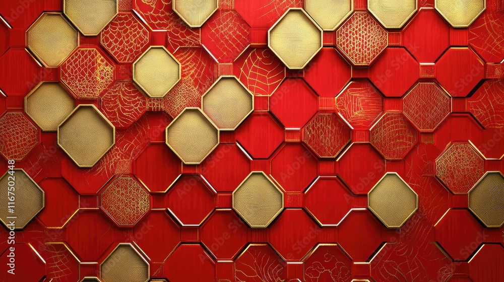 Poster abstract geometric chinese new year art, featuring repeating red and gold hexagonal patterns symboli