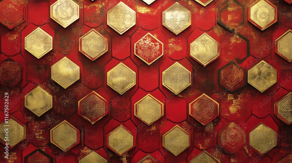 Poster abstract geometric chinese new year art, featuring repeating red and gold hexagonal patterns symboli