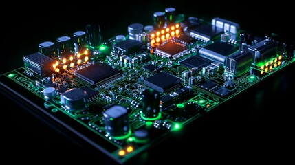Obraz premium Illuminated Fusion: Macro Shot of Glowing LED Circuit Board Revealing Intricate Patterns and Vibrant Colors in Modern Design