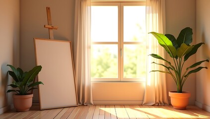 Minimalist Sunlit Room with Blank Canvas, Soft Curtains, and Natural Wooden Flooring