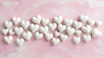 A collection of white heart shapes arranged on a pink background.