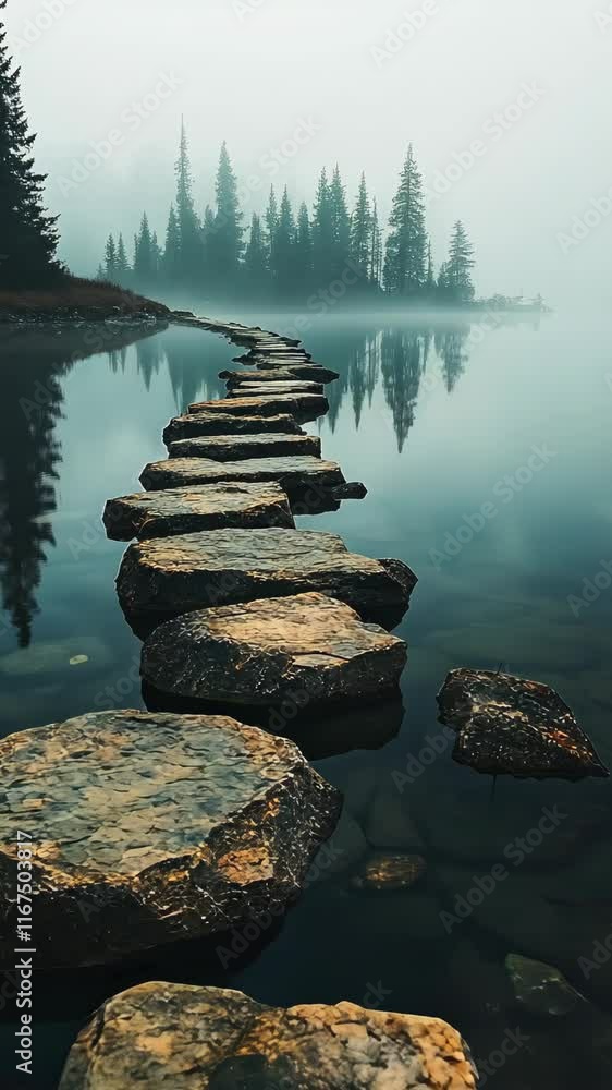 Aufkleber rock formations create a pathway across a calm lake surrounded by misty trees at dawn