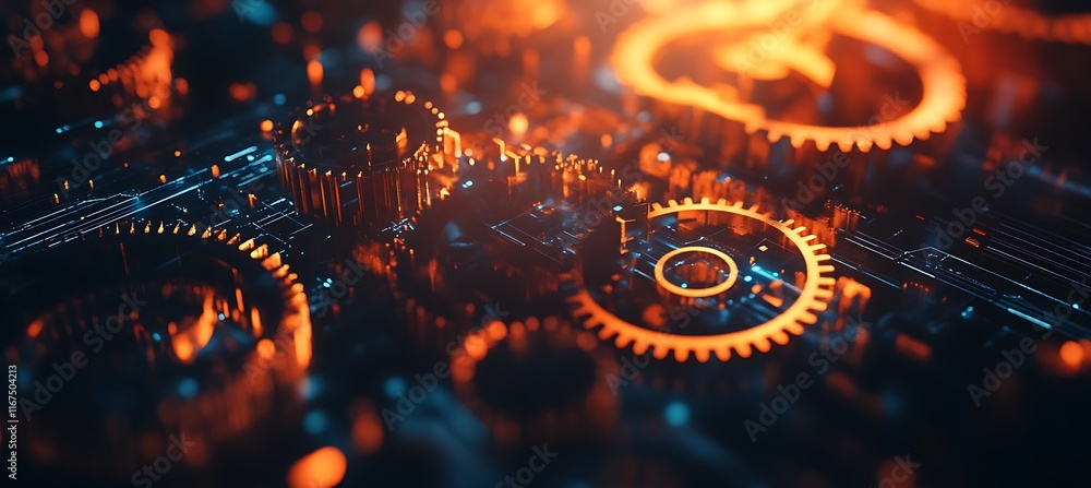 Poster a creative image of a business ecosystem represented by glowing gears and cogs interconnected, set a